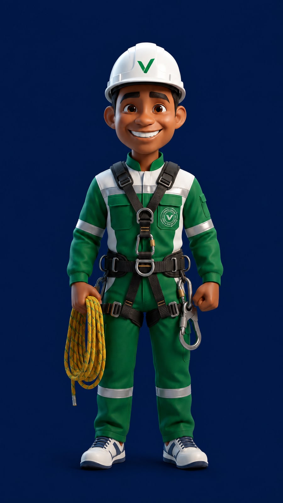 Mascote da Vertek Academy: técnico de uniforme verde com capacete, cinto de segurança e corda