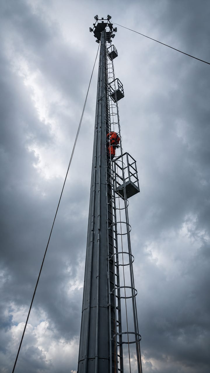Trabalhador escalando torre metálica durante treinamento em altura